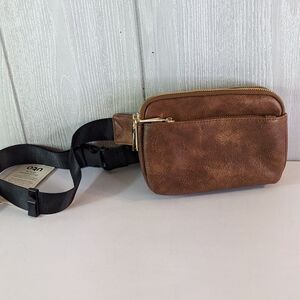 UTO 503 PU Triple Zip Fanny Pack Brown Faux Leather EUC